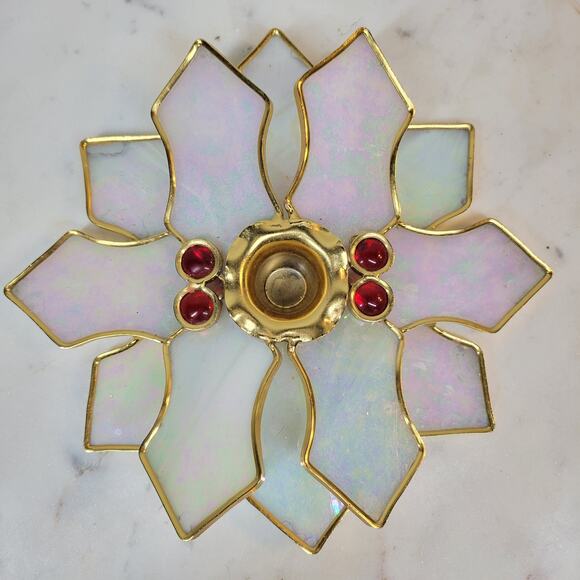 Jordans Stained Glass Holly Poinsettia Candle Stick Holder Gold Christmas Table